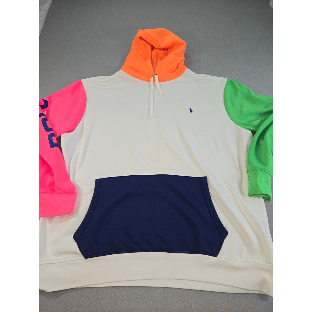 Polo Ralph Lauren Hoodie Mens 2XLT White Neon Colorblock Logo Pullover